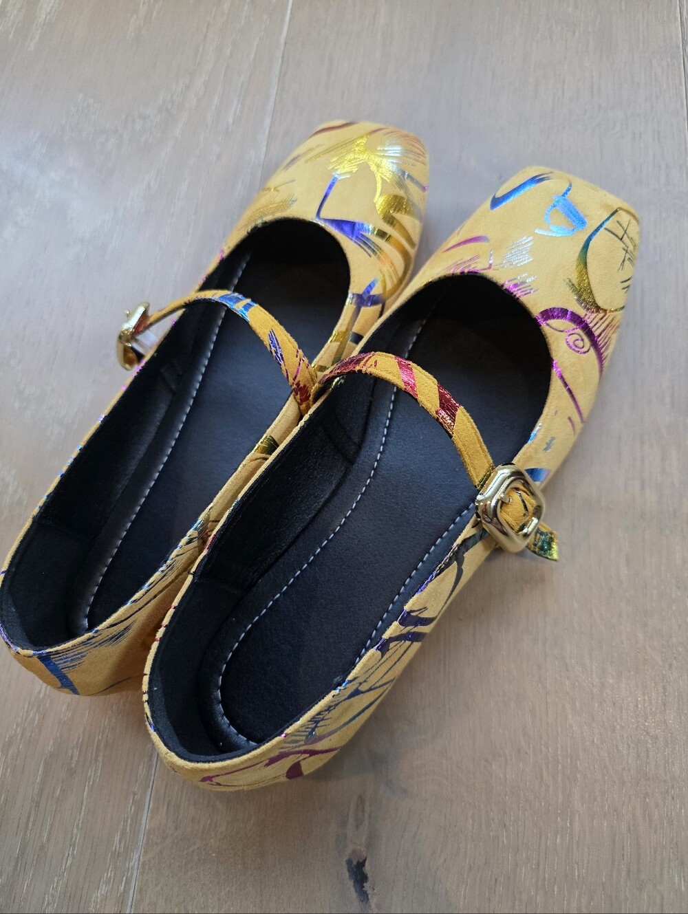 Gold Patterned Mary Jane Flats for Women - Picture 2 of 5